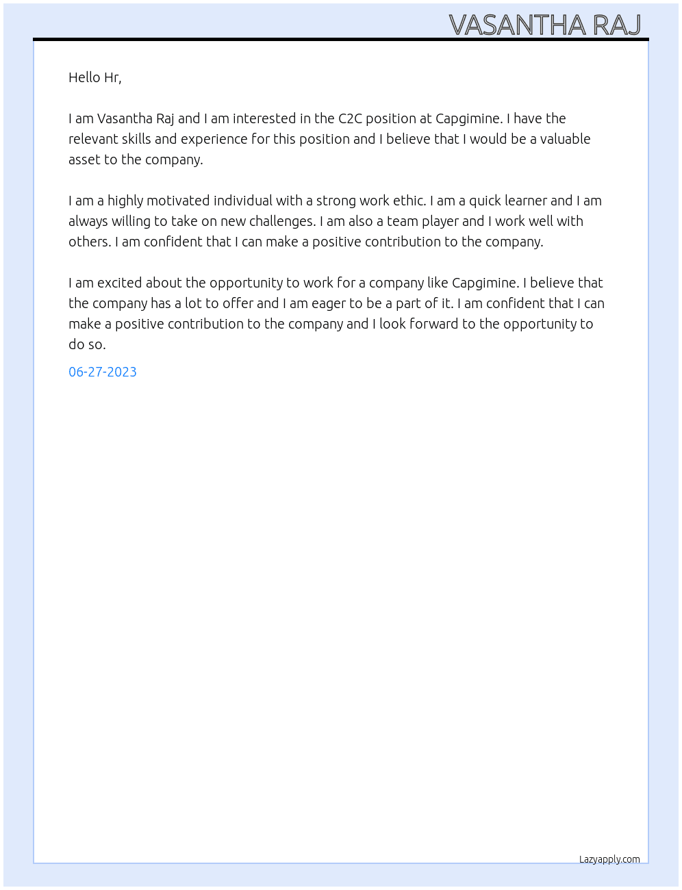 C2C  At Capgimine  Cover Letter