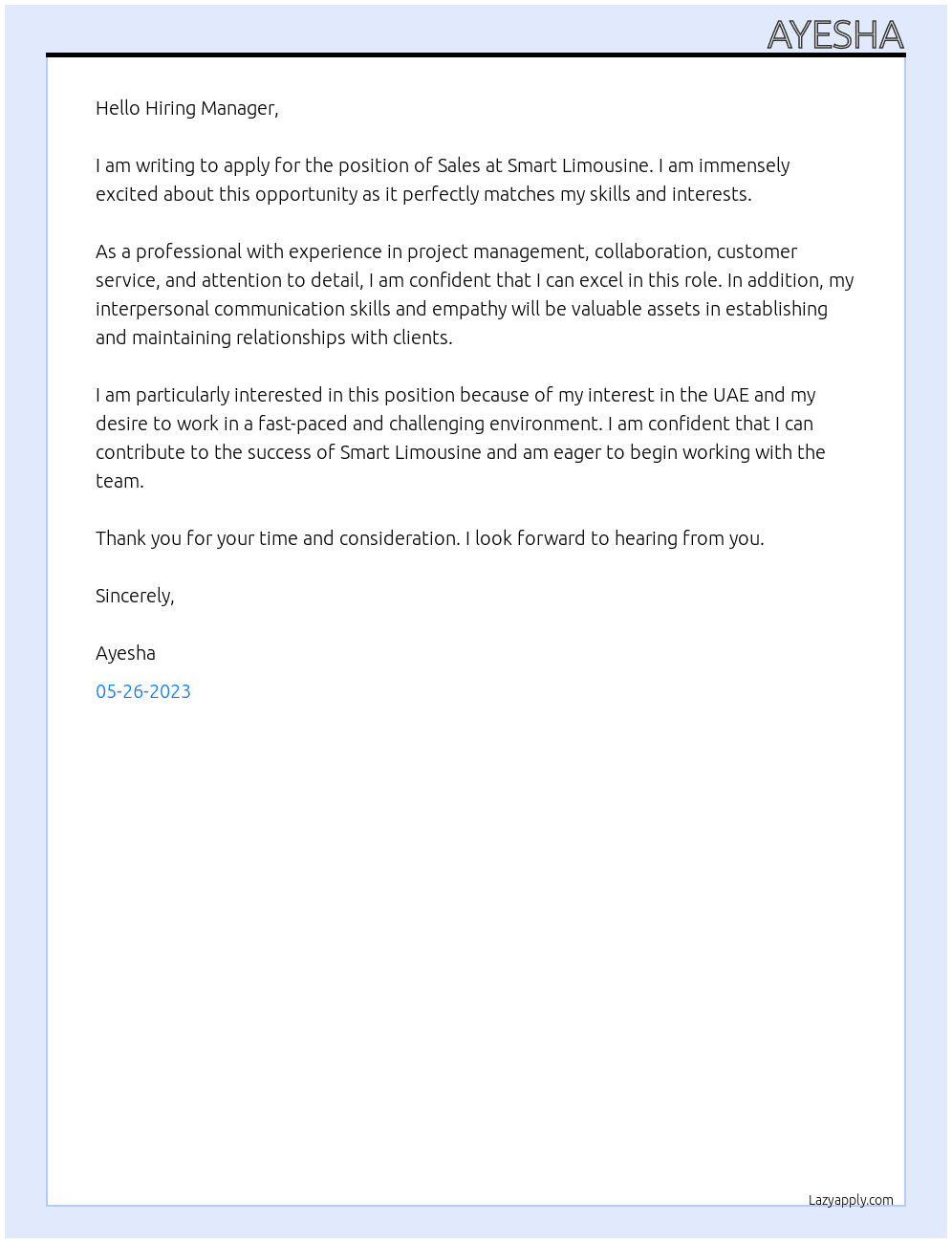 Sales  At Smart limousine  Cover Letter