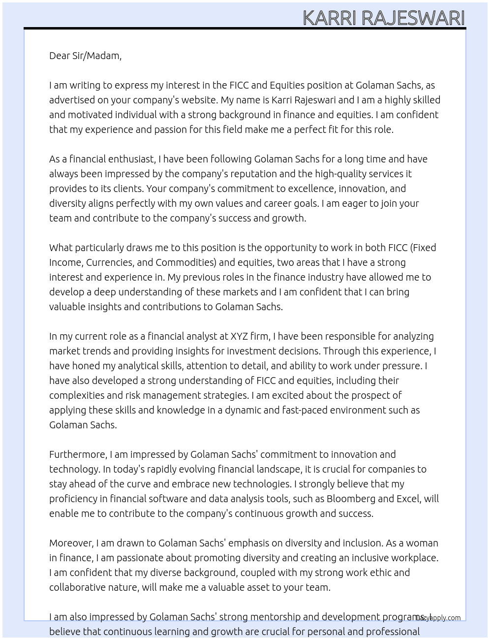ficc and equities At golaman sachs Cover Letter