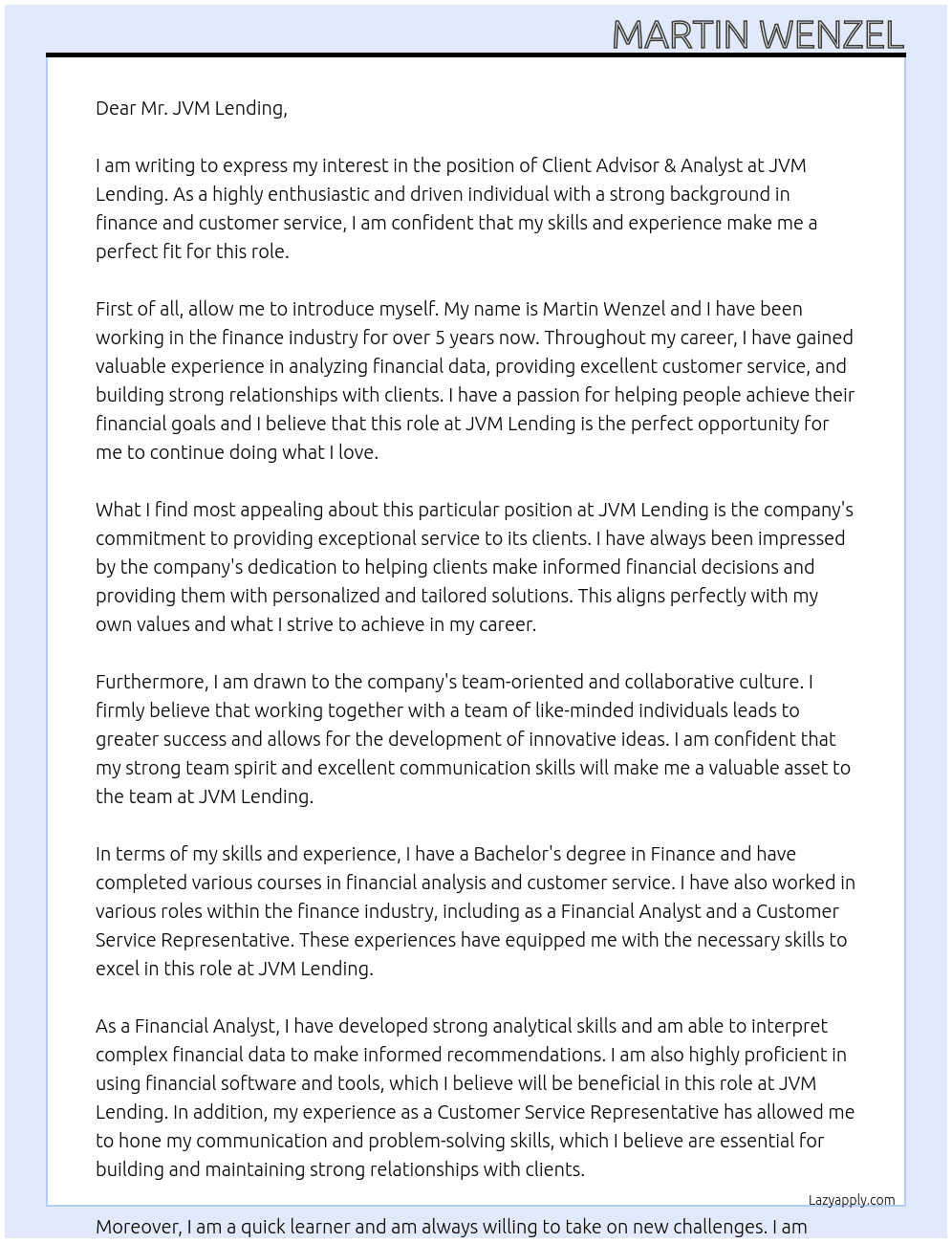 Client Advisor & Analyst At JVM Lending Cover Letter