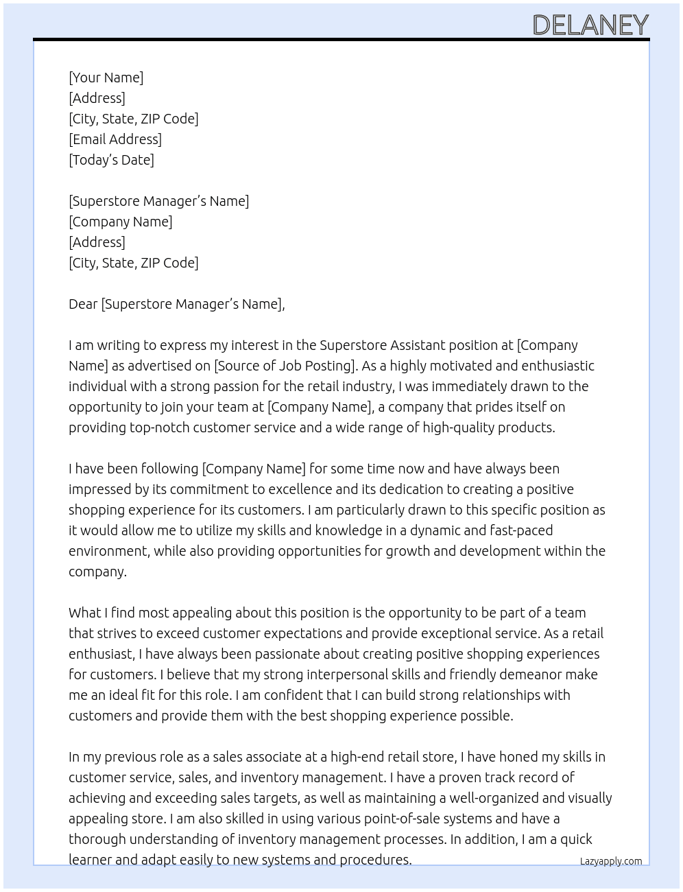 superstore assistent At Delaney Cover Letter