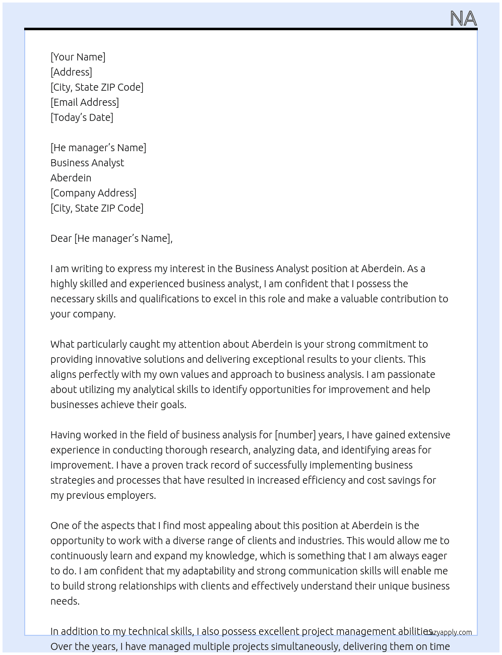Business analyst At Aberdein  Cover Letter