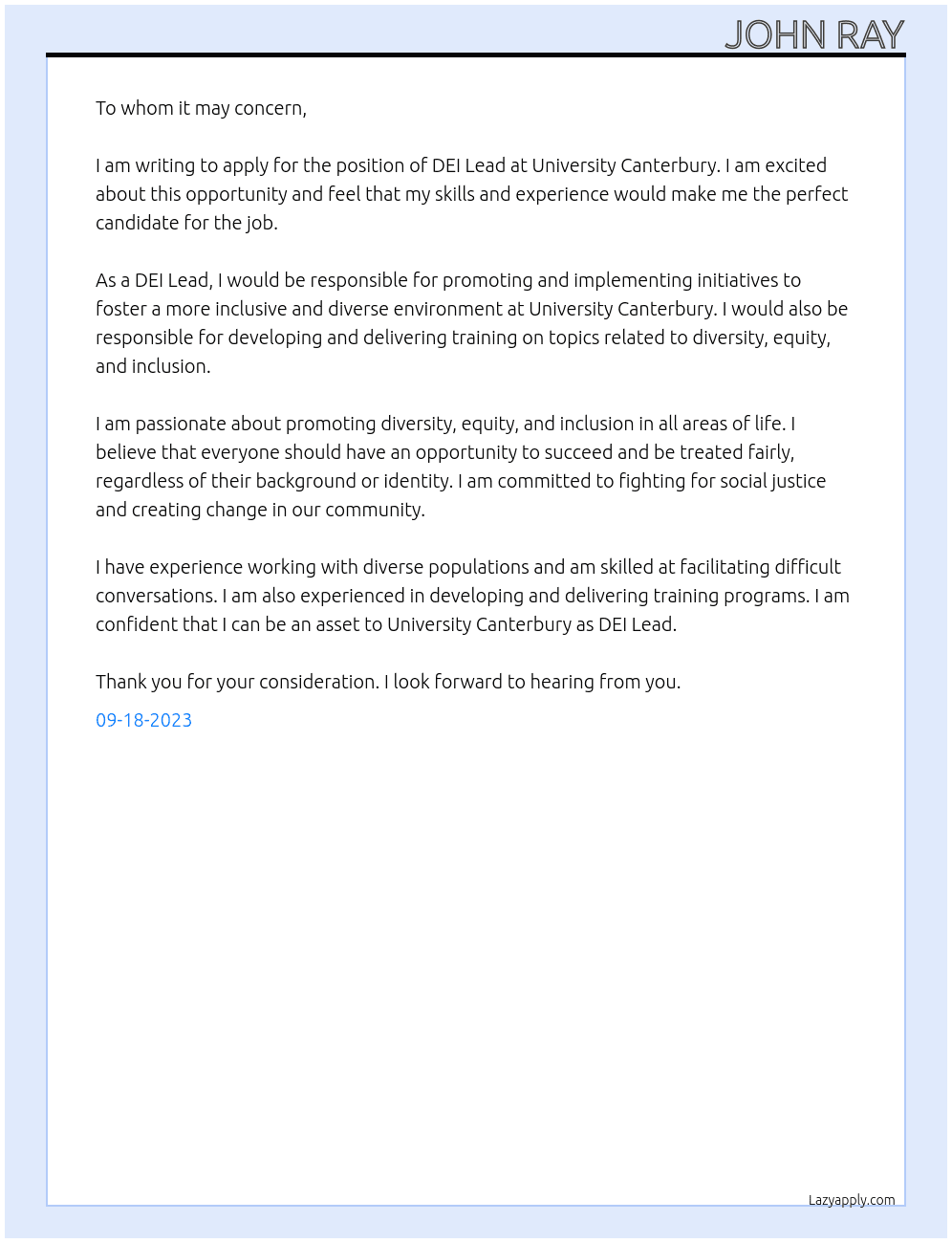 DEI Lead At University Canterbury Cover Letter