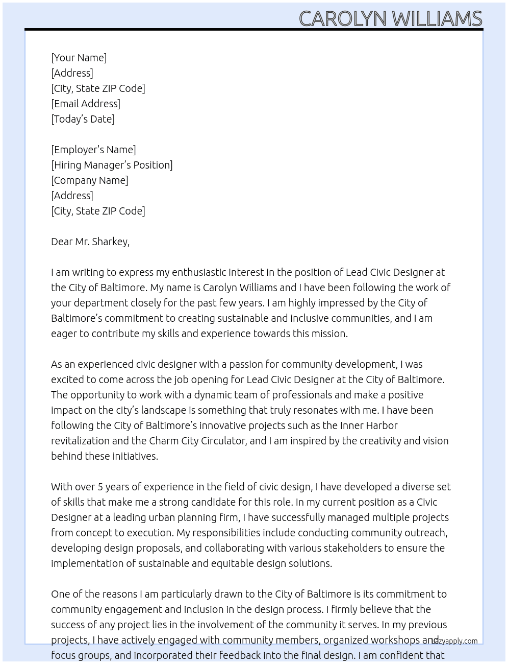 Lead Civic Designer At City of Baltimore Cover Letter