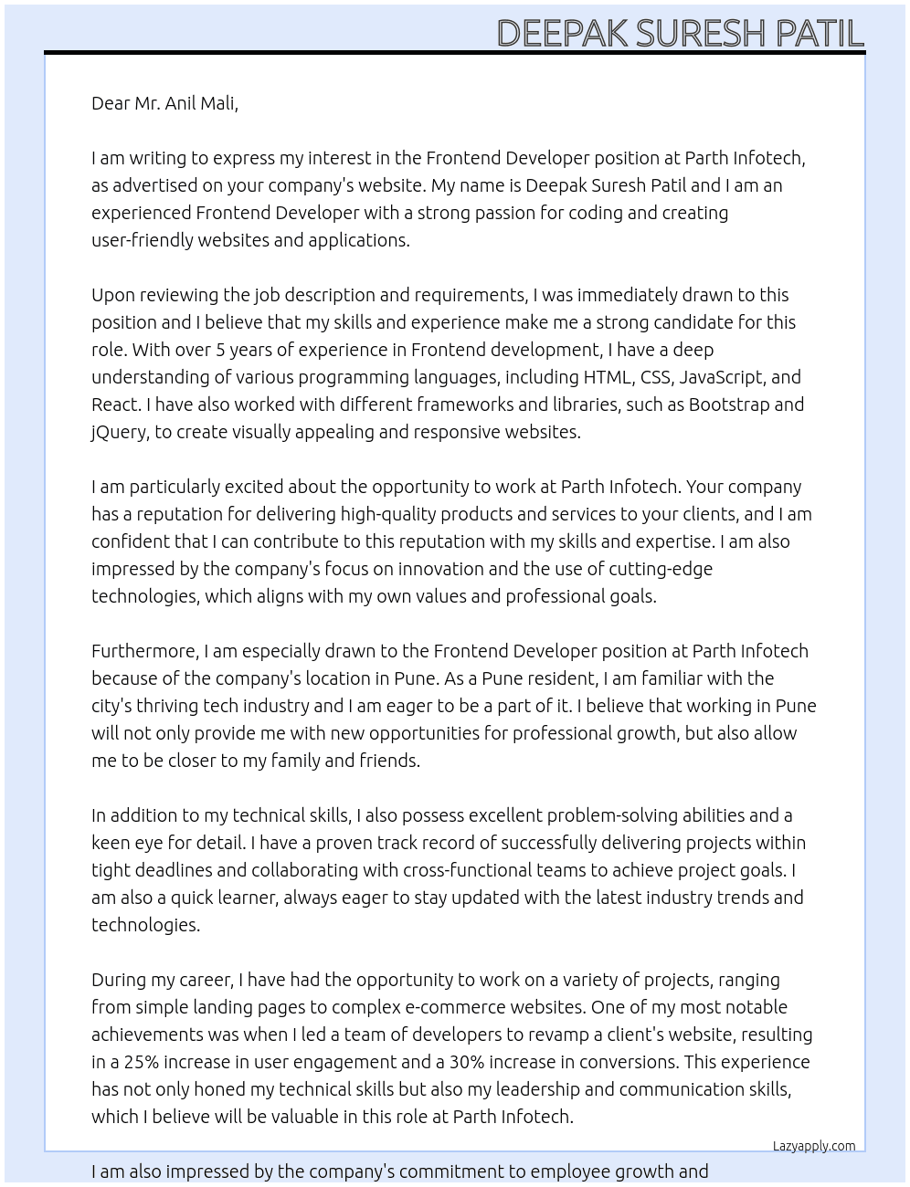 Frontend Developer  At Parth Infotech Cover Letter