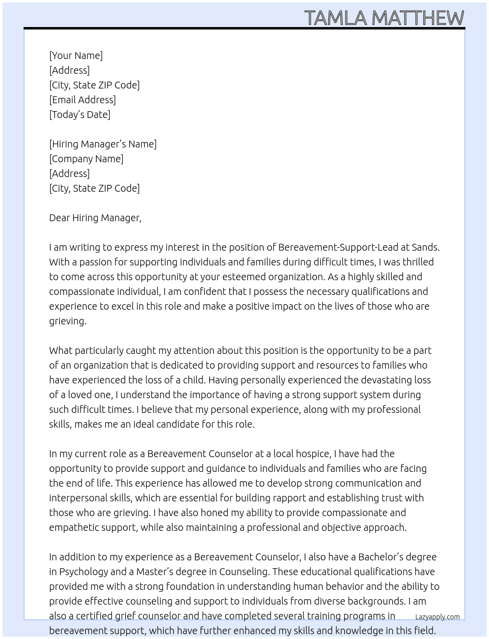 Bereavement-Support-Lead At Sands Cover Letter