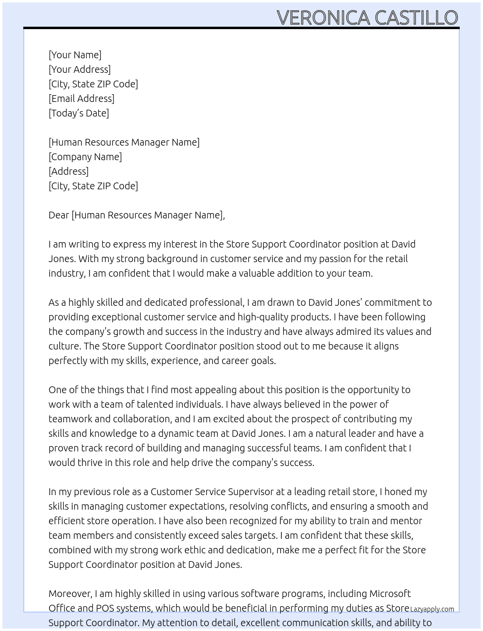 Store support coordinator At David Jones Cover Letter