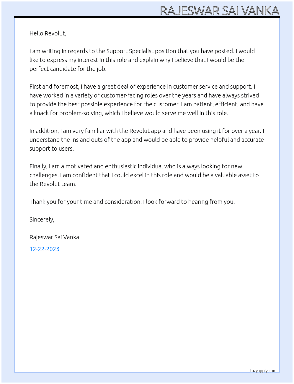 Support specialist  At Revolut Cover Letter