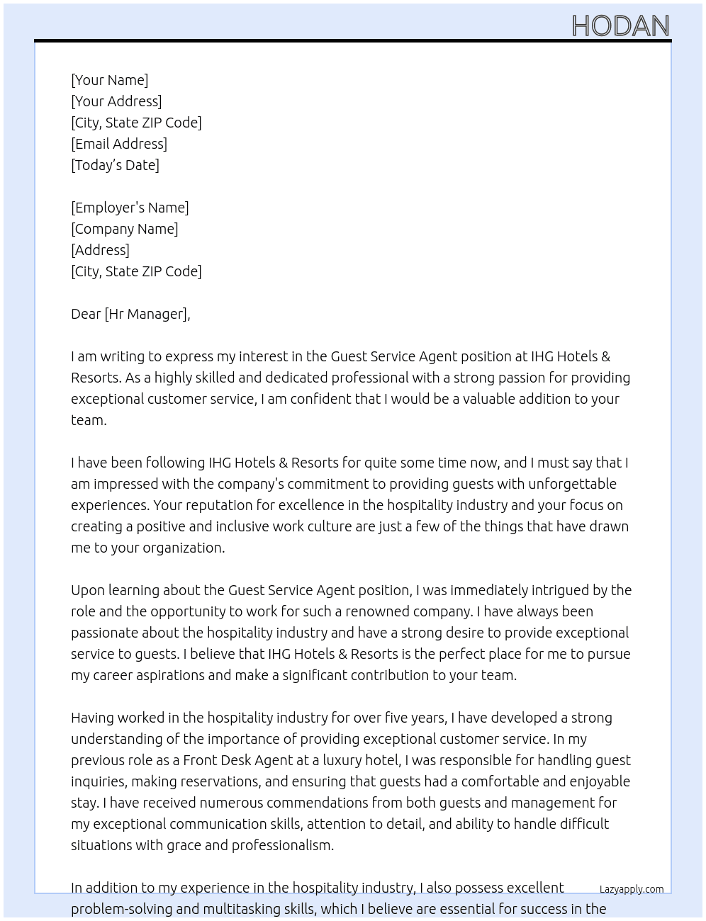 guest service agent  At IHG Hotels & Resorts Cover Letter