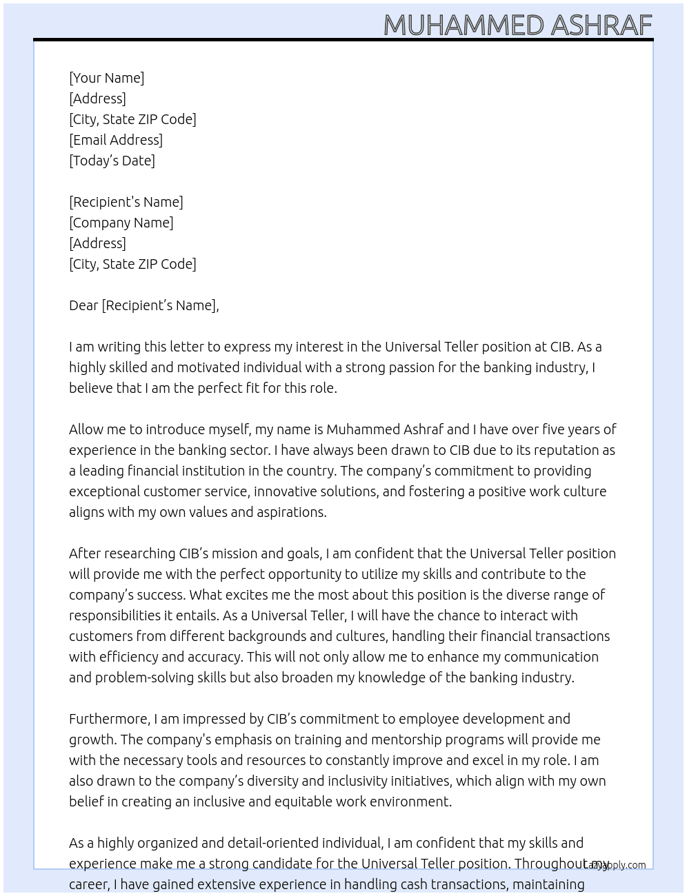 Universal teller At CIB Cover Letter