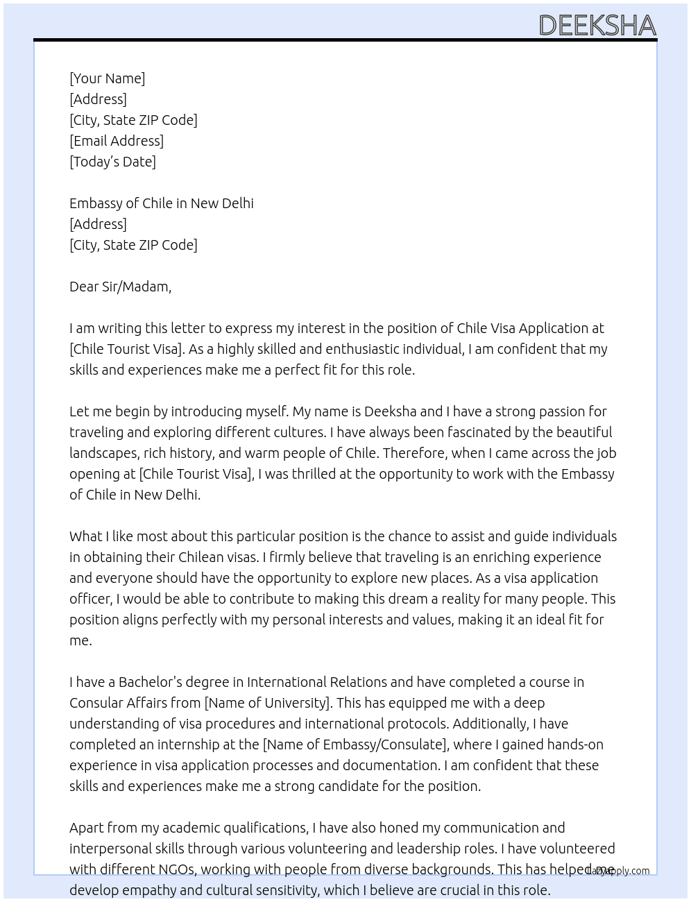Chile visa application At chile tourist visa Cover Letter