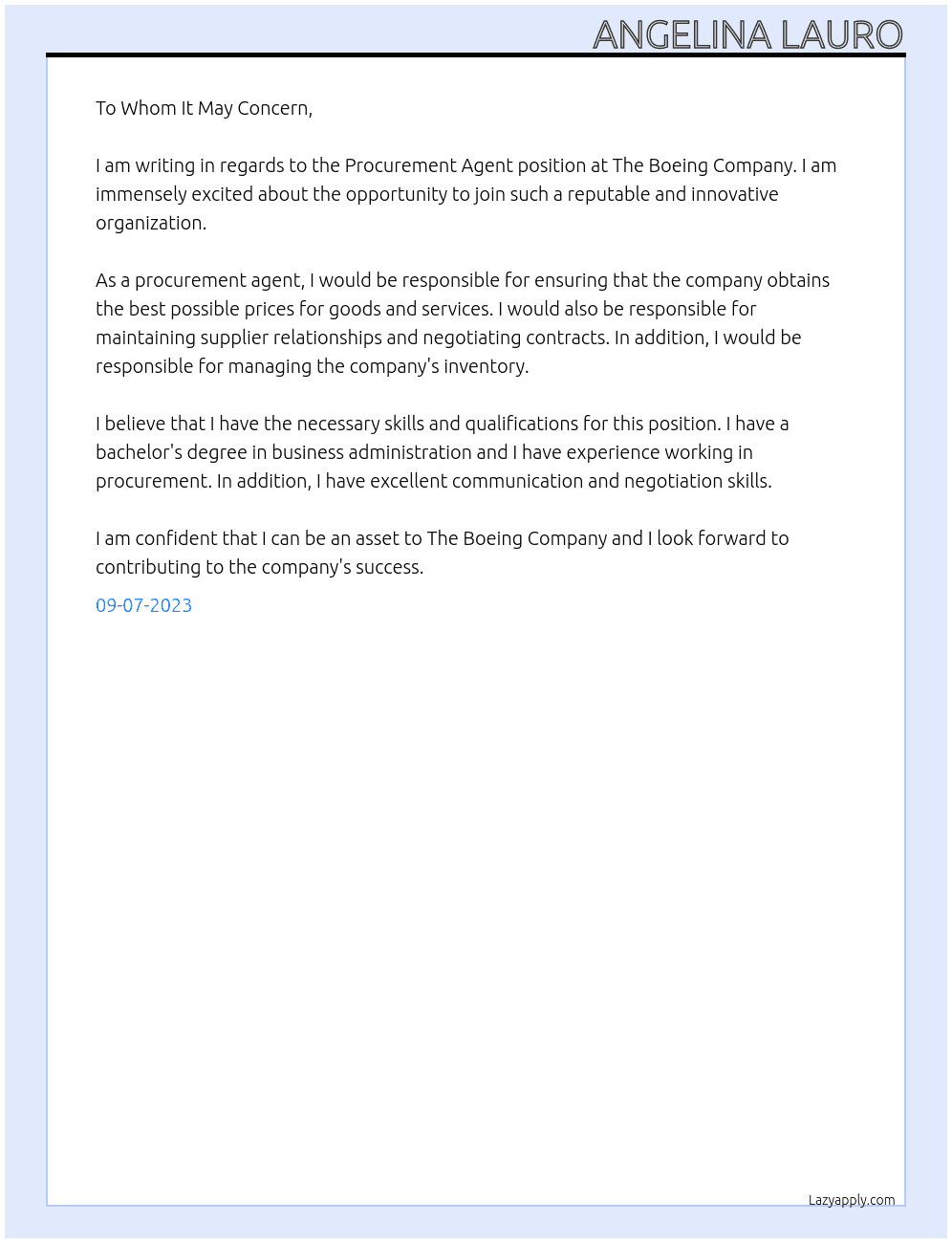 Procurement Agent At The Boeing Company Cover Letter