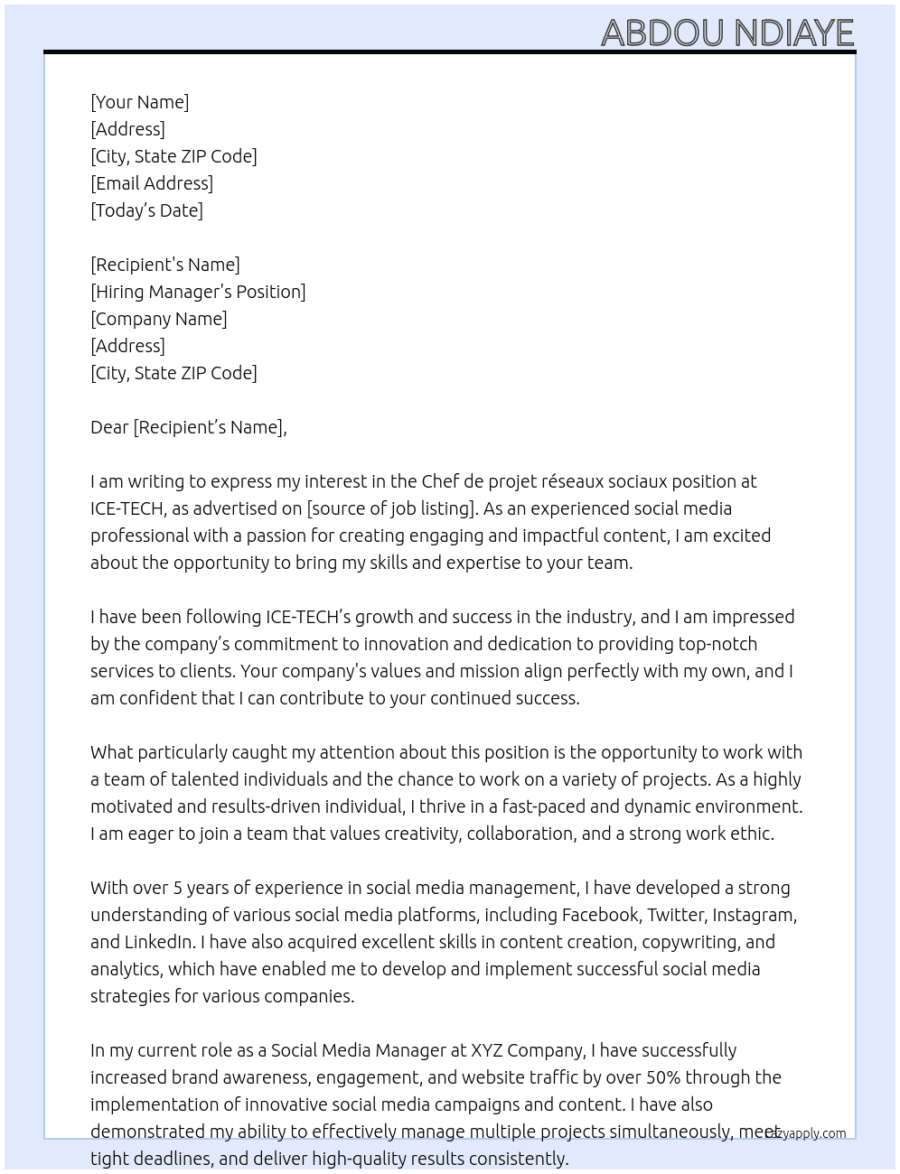 Chef de projet réseaux sociaux  At ICE-TECH Cover Letter