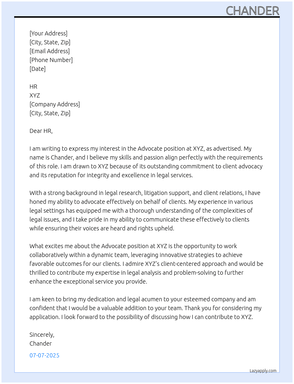 Advocate At XYZ Cover Letter