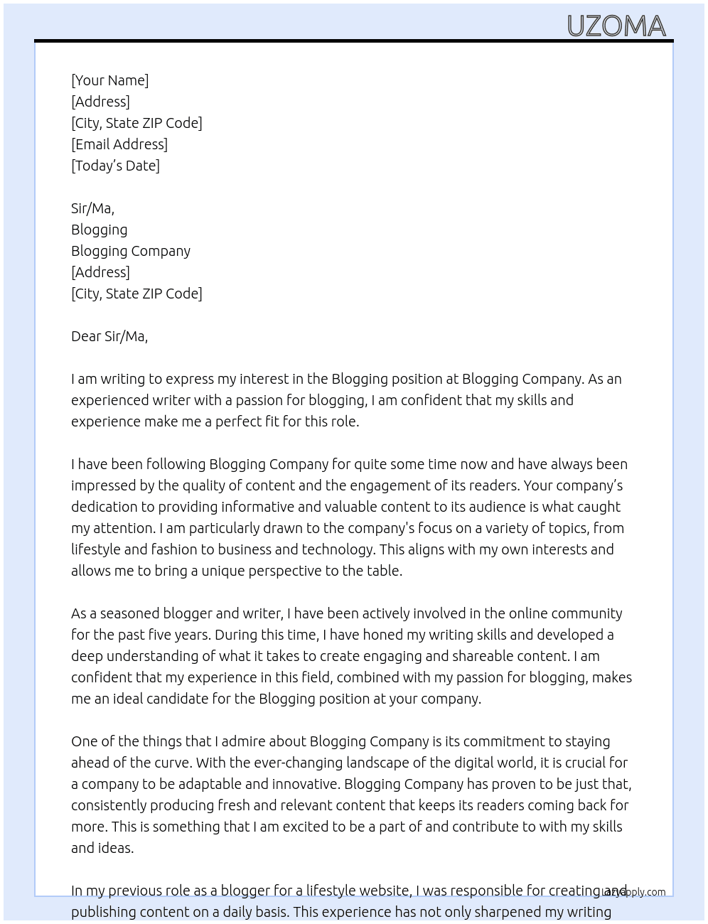 Blogging  At Blogging  Cover Letter
