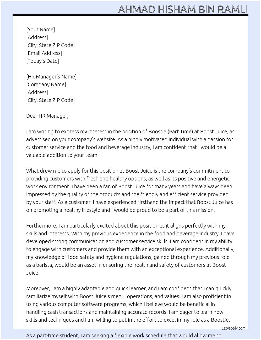 Boostie (Part Time) At Boost Juice Cover Letter