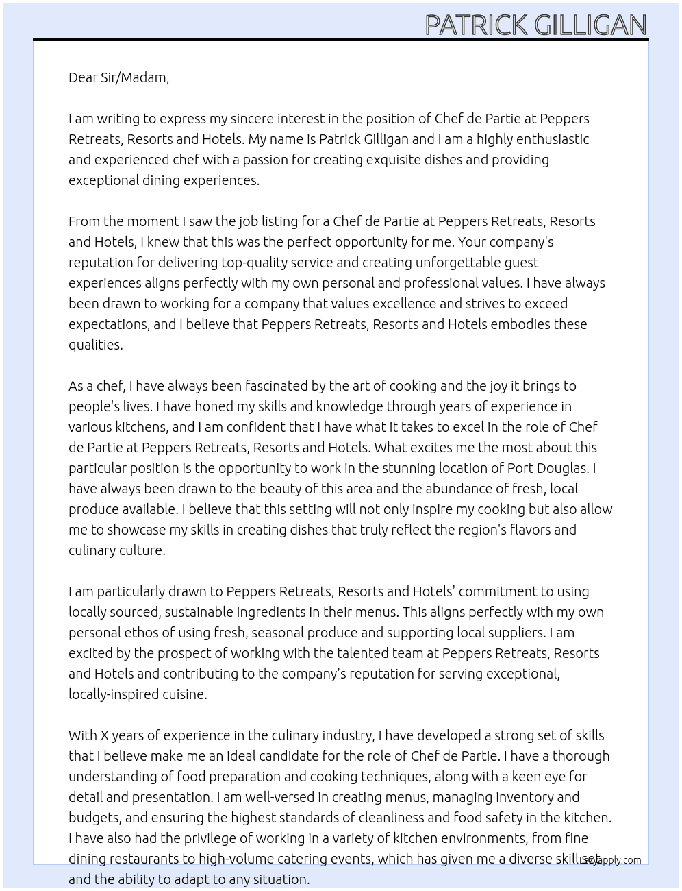 Chef de Partie At Peppers Retreats, Resorts and Hotels Cover Letter