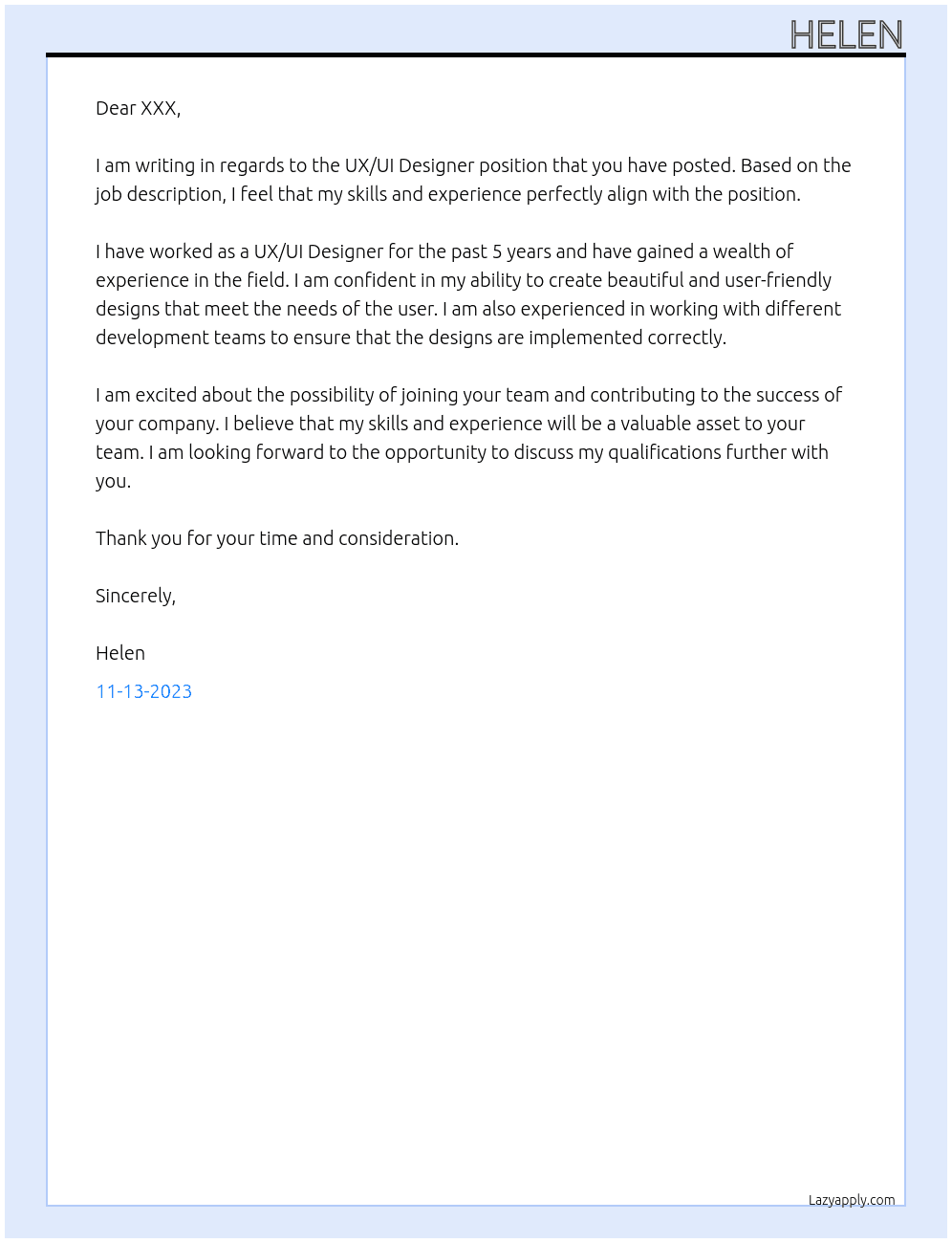UX/UI Designer At XXX  Cover Letter