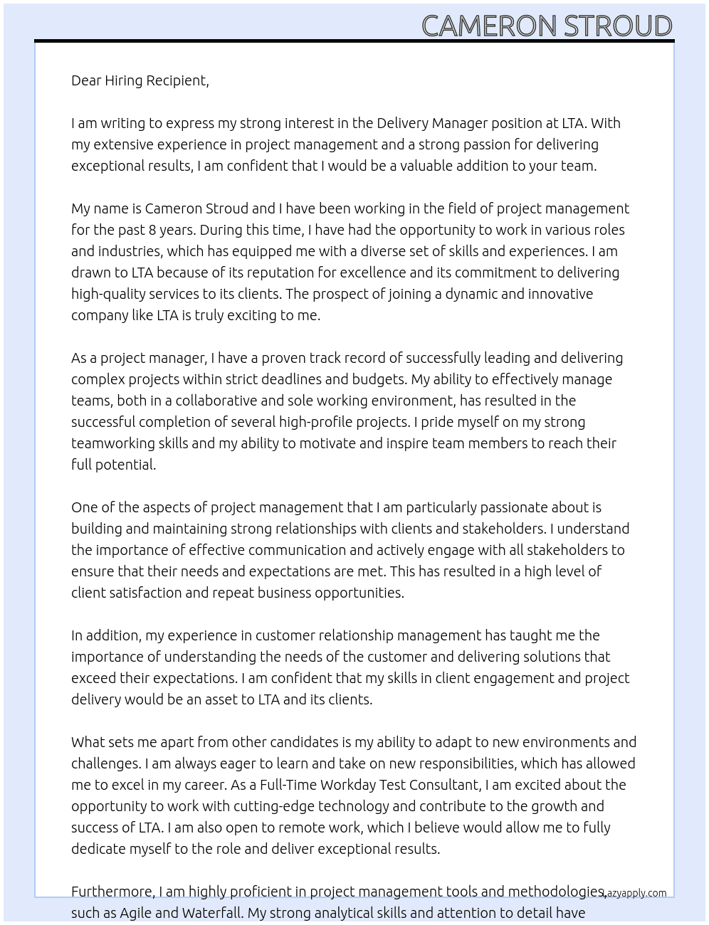 Delivery Manager At LTA Cover Letter