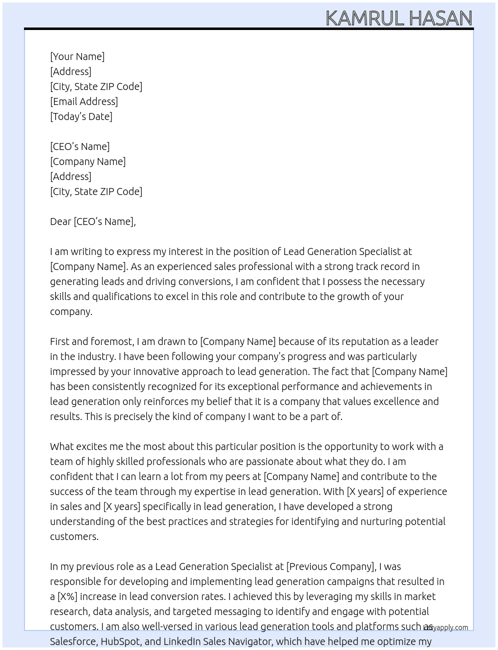 Lead Generation Specialist At x Cover Letter