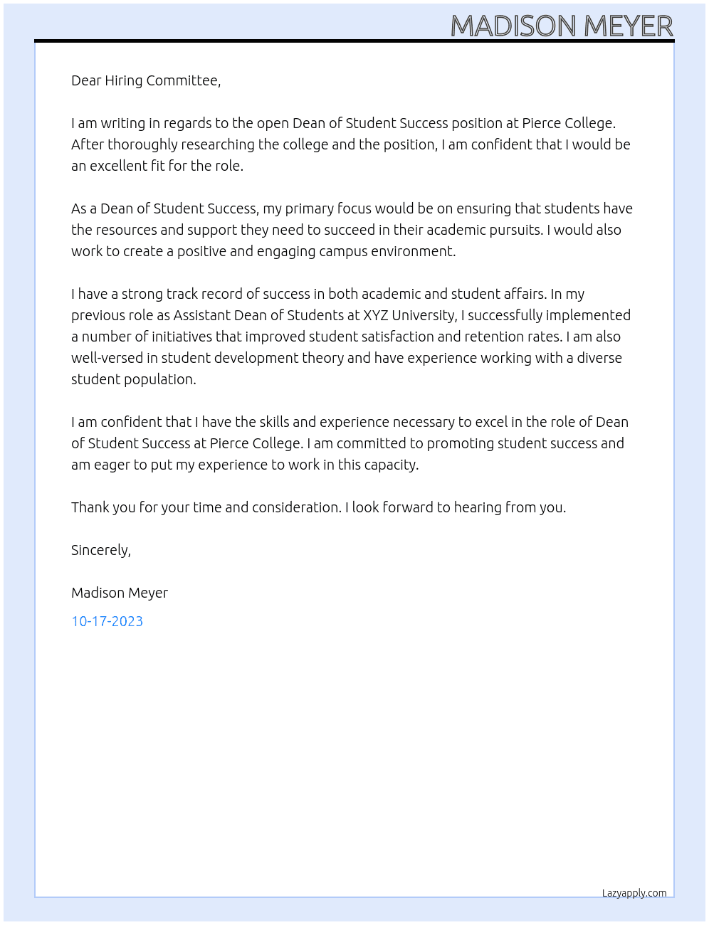 Dean of Student Success At Pierce College Cover Letter