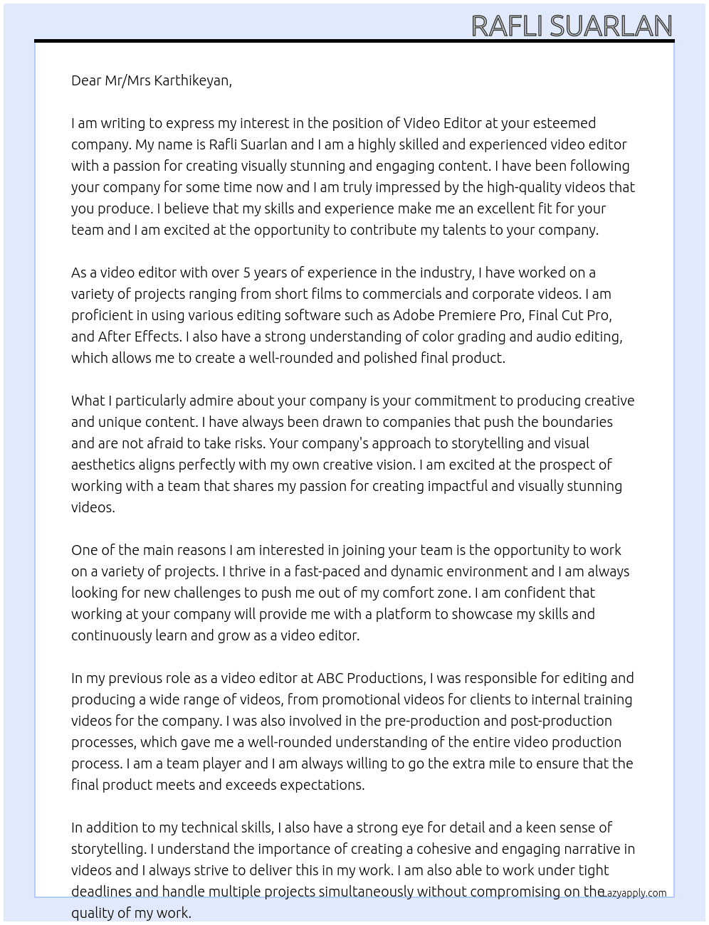 Video Editor At Mr/Mrs Cover Letter