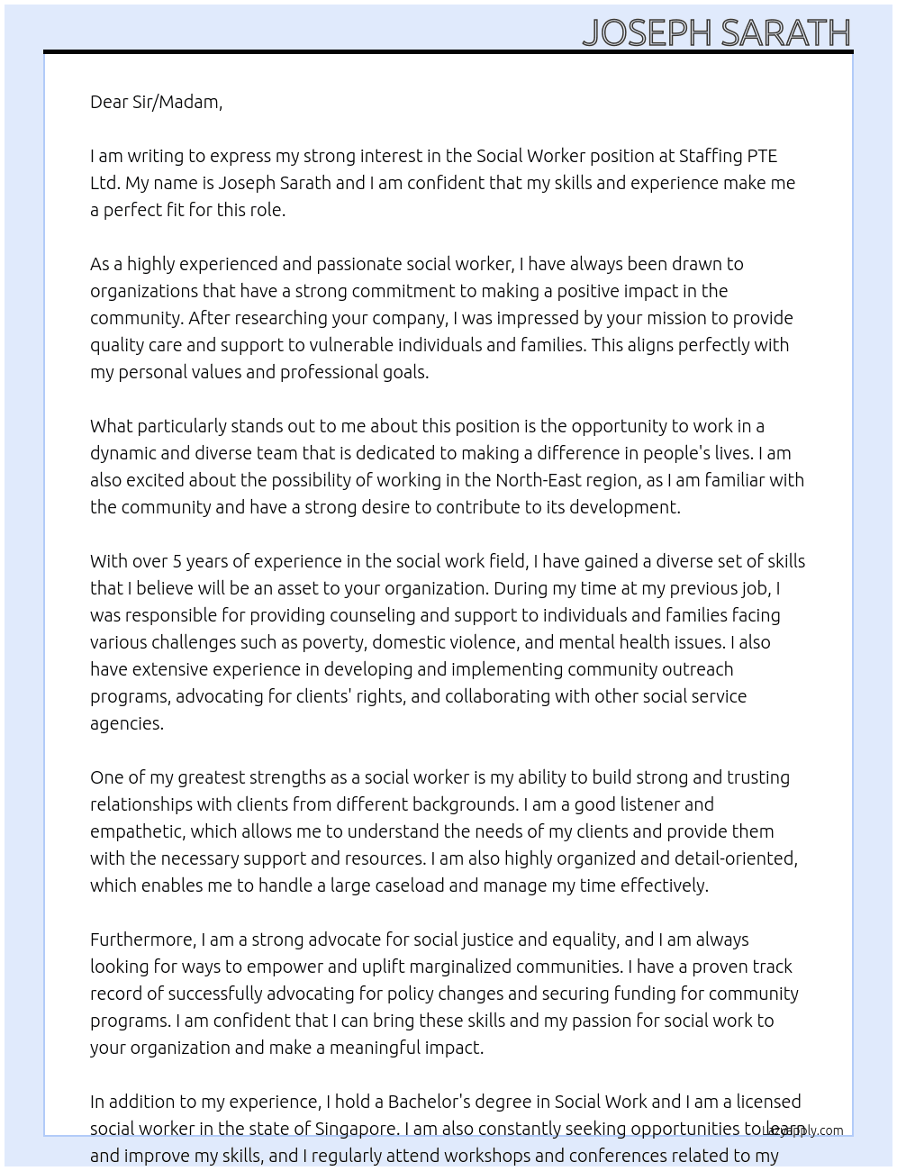 Social worker  At Staffing PTE Ltd Cover Letter