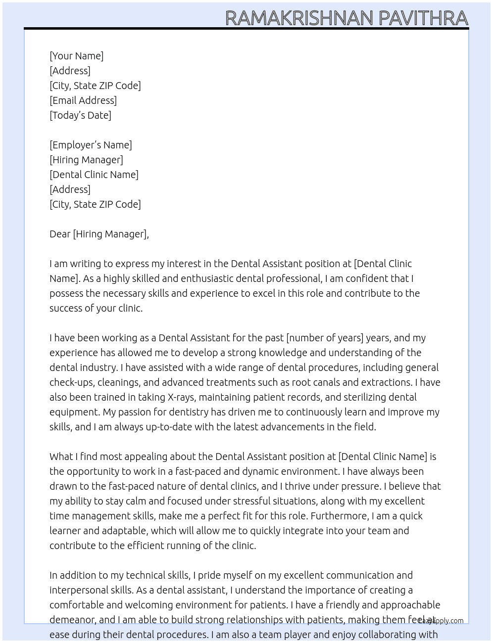 dental assistant At dental clinic Cover Letter