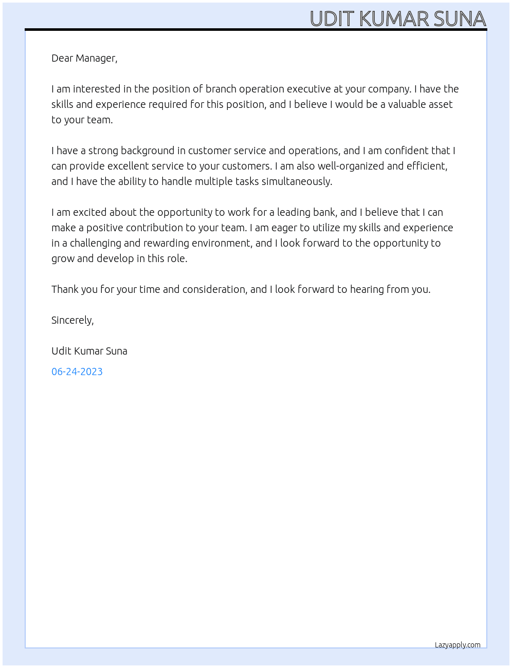 branch operation executive At career in bank Cover Letter