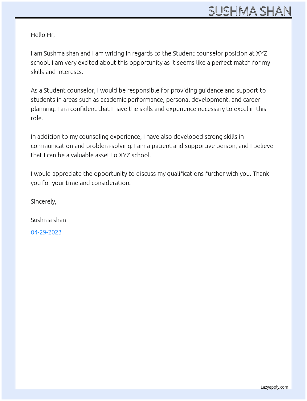 Student counselor At Xyz school Cover Letter