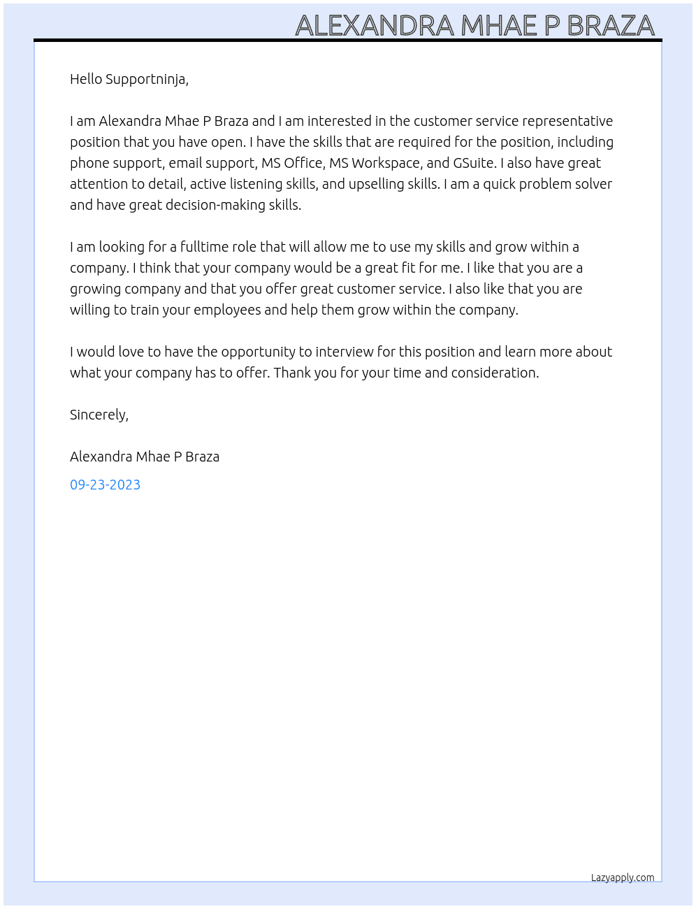 customer Service Representative  At Supportninja Cover Letter