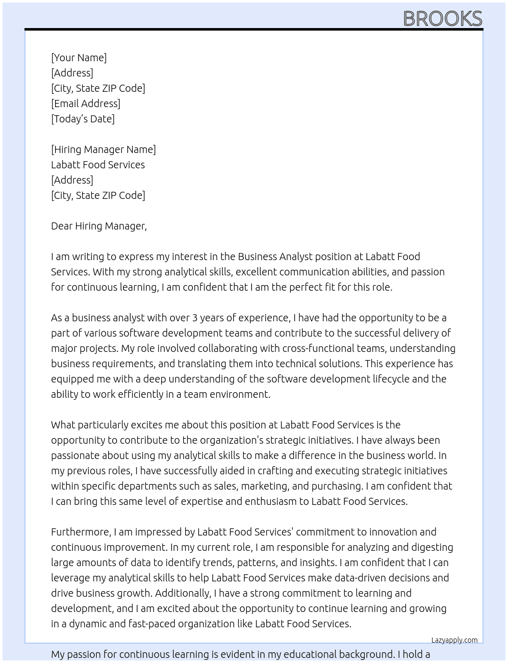 Business Analyst  At Labatt Food Services Cover Letter