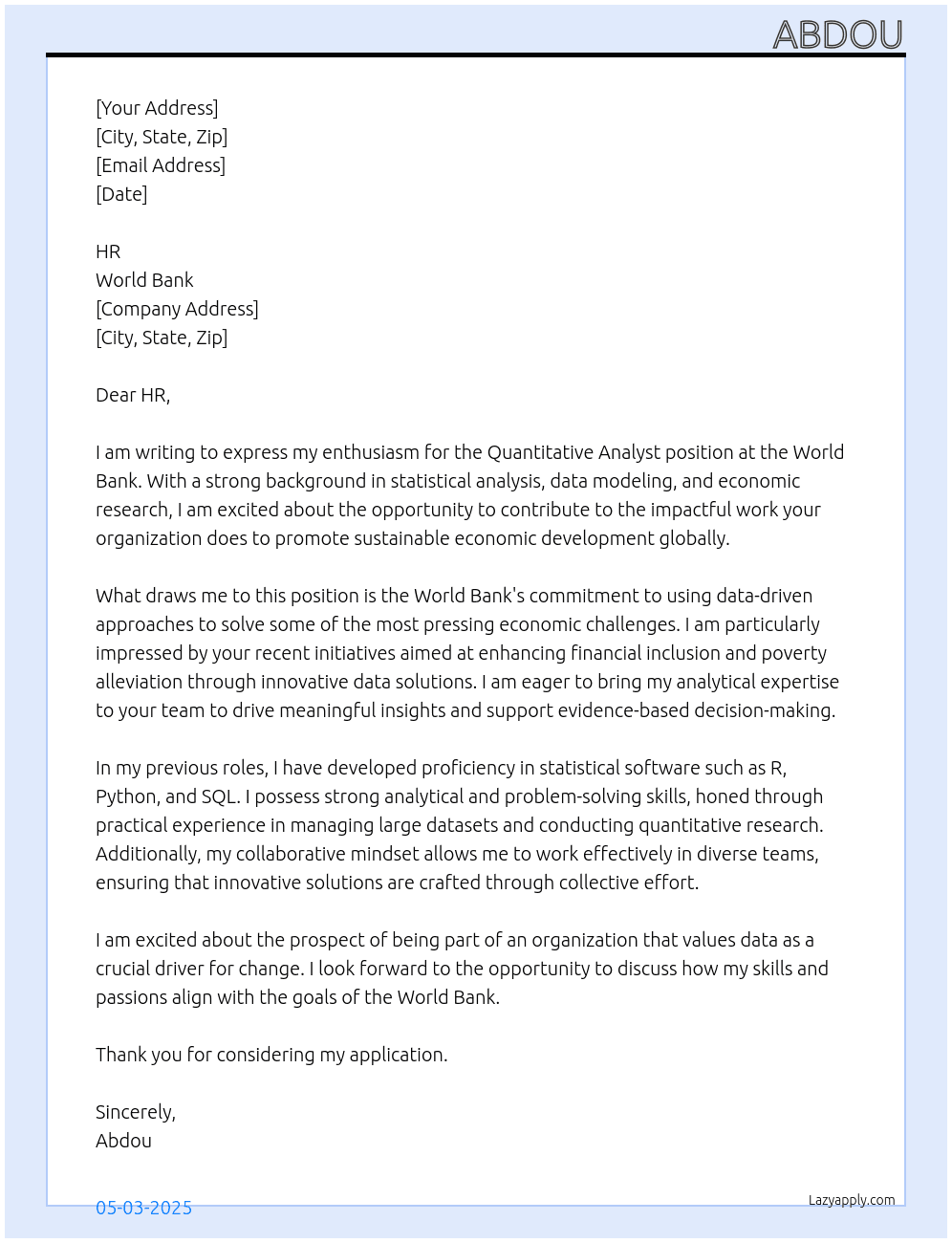 Cover letter for quantitative analyst - LazyApply