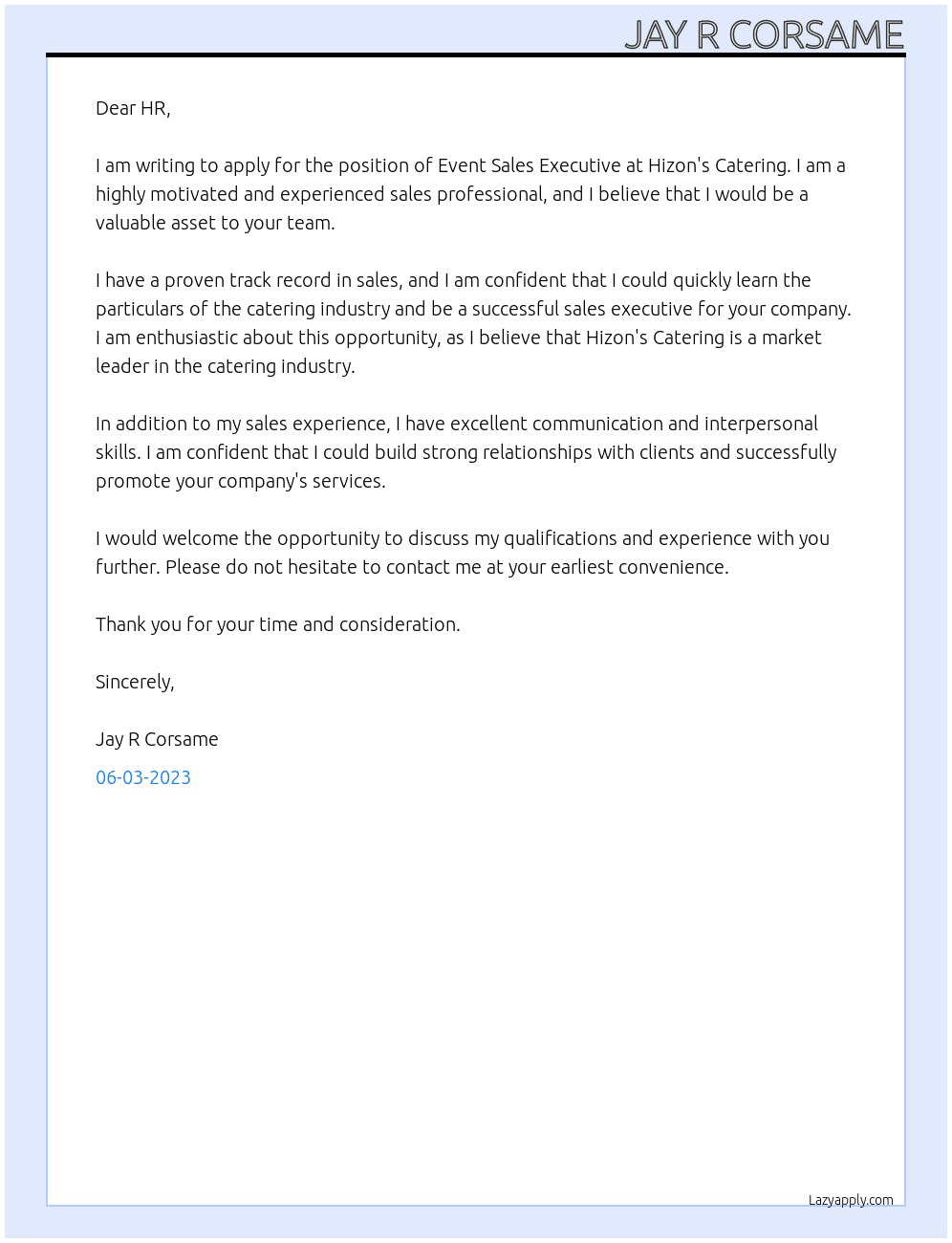 Event sales executive At Hizon's Catering  Cover Letter