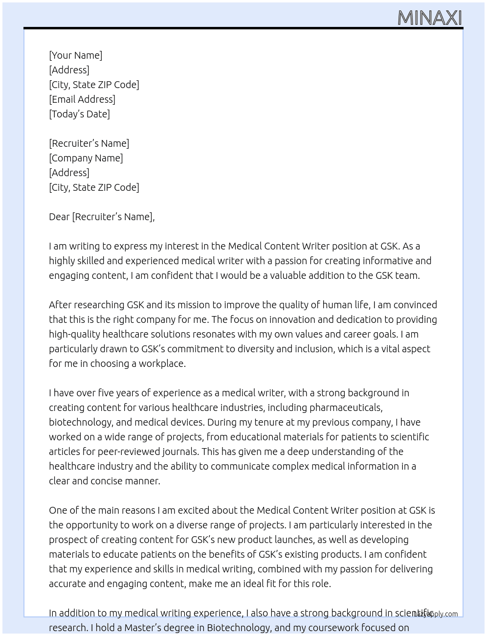 Medical Content Writer At GSK Cover Letter