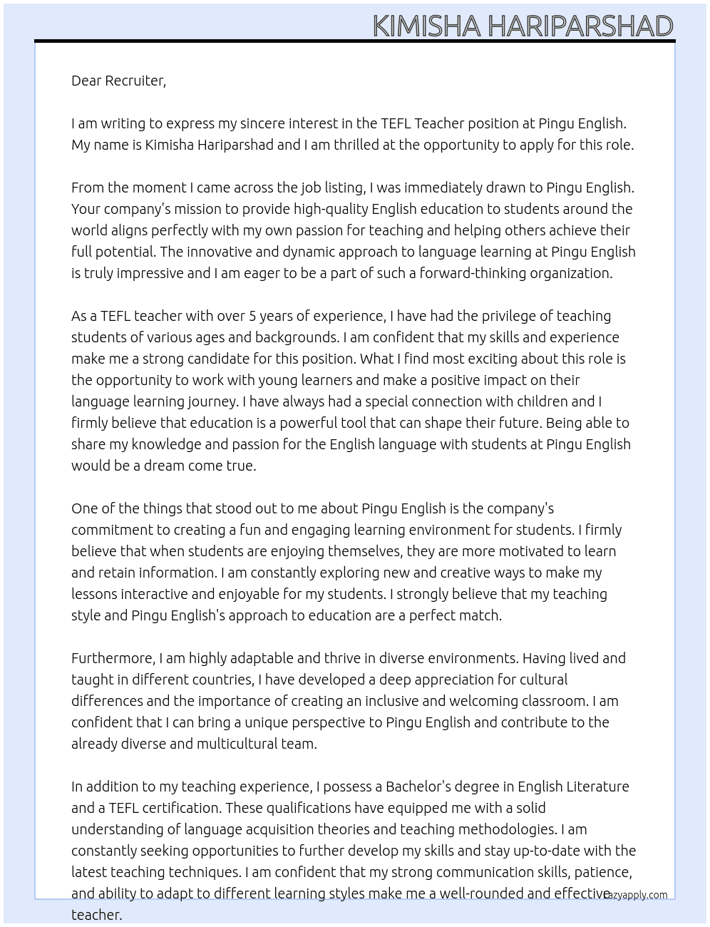 TEFL Teacher At Pingu English Cover Letter