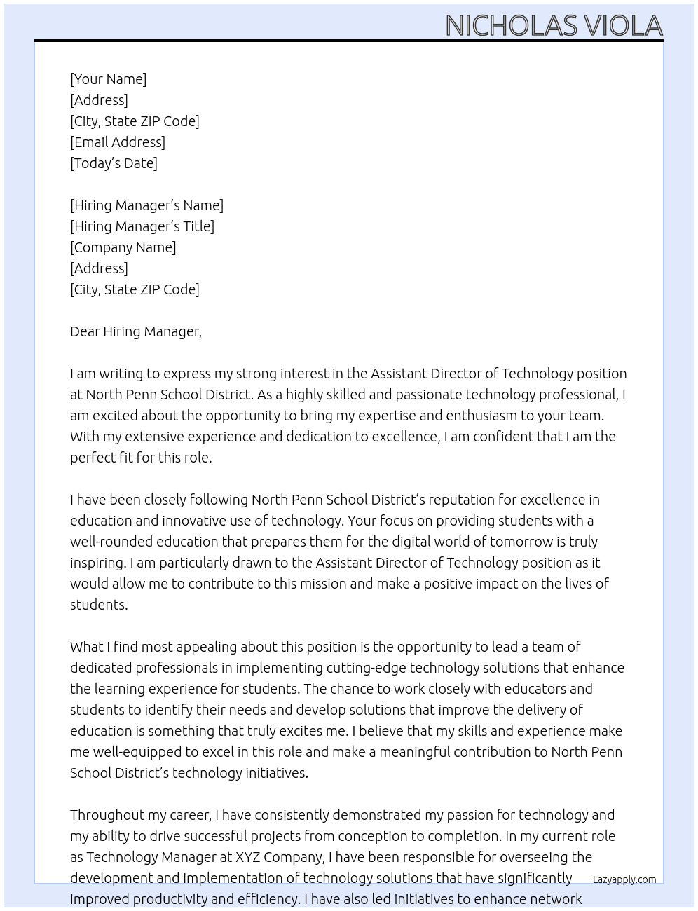 Assistant Director of Technology At North Penn School District Cover Letter