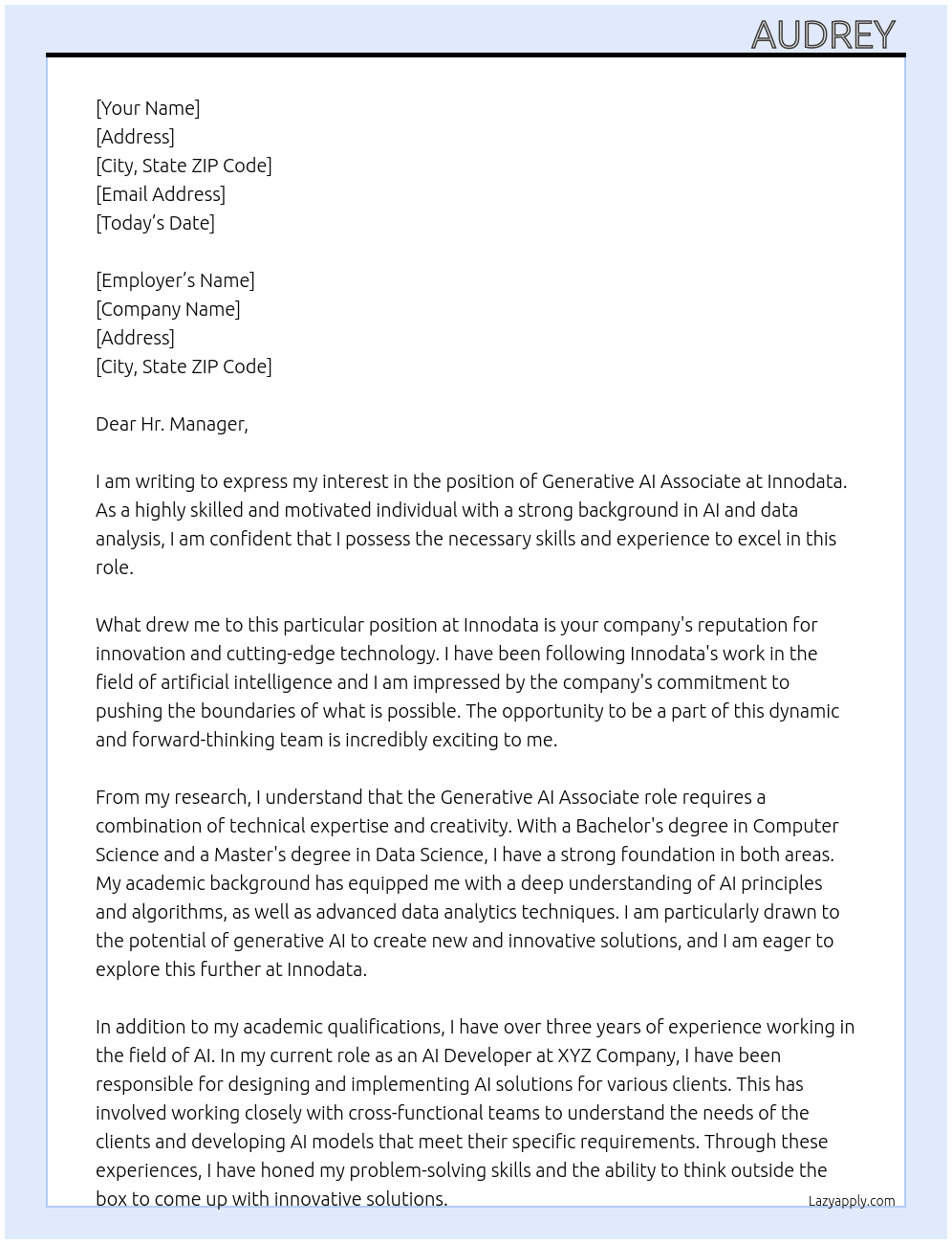 Generative AI Associate At Innodata Cover Letter