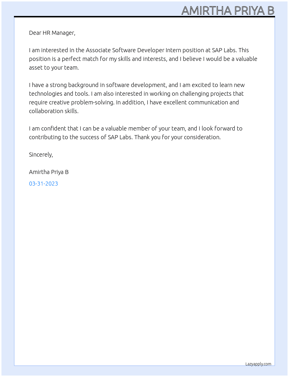 Associate Software Developer Intern At SAP Labs Cover Letter