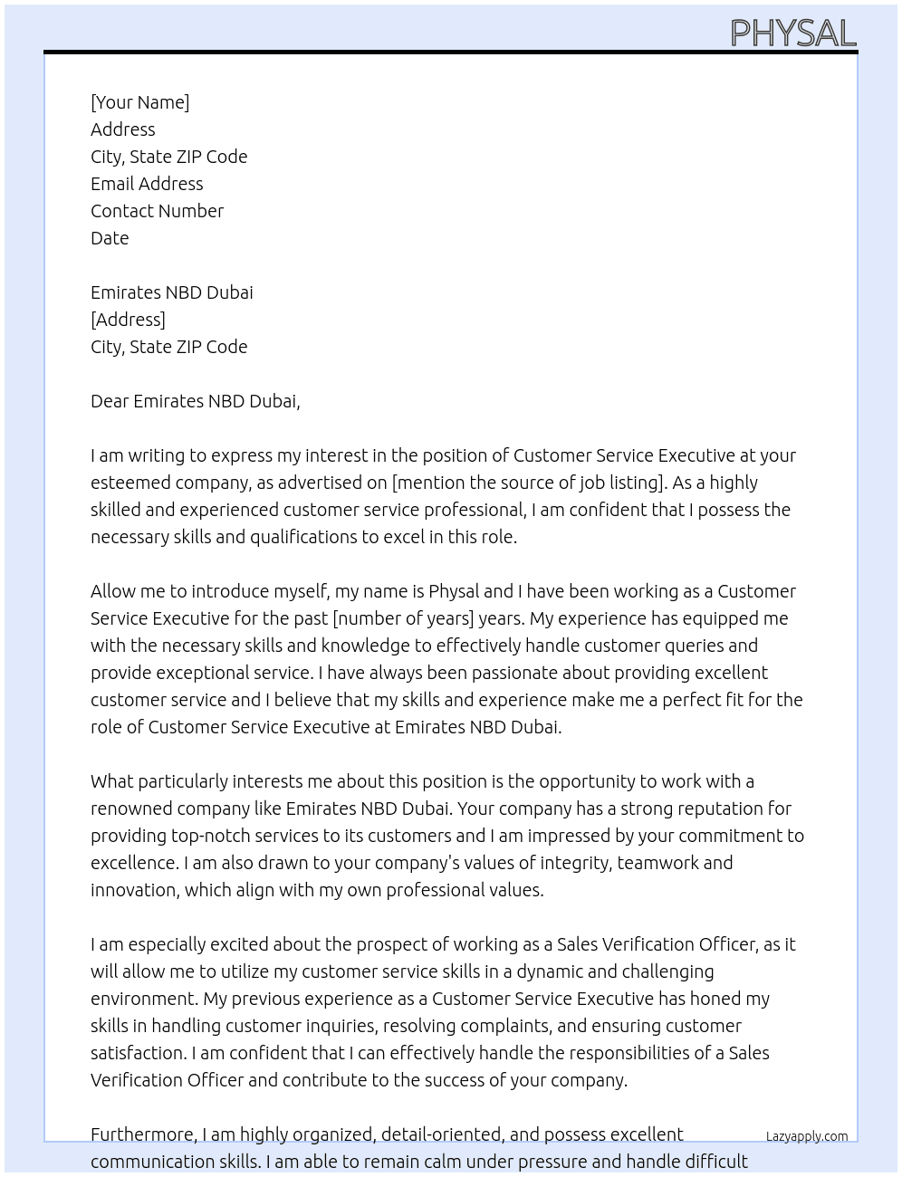customer service executive At sales verification officer Cover Letter
