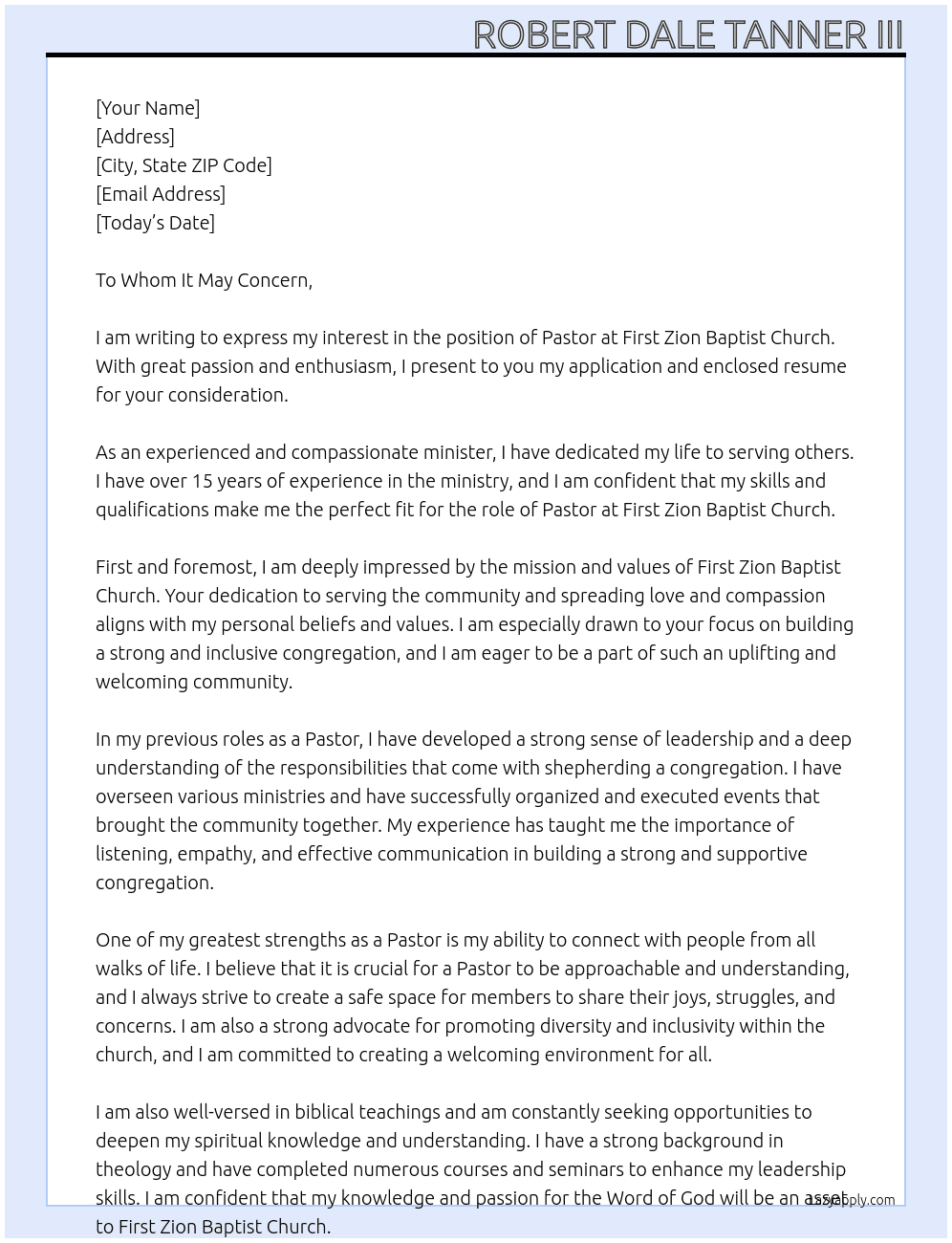 Pastor At First Zion Baptist Church Cover Letter