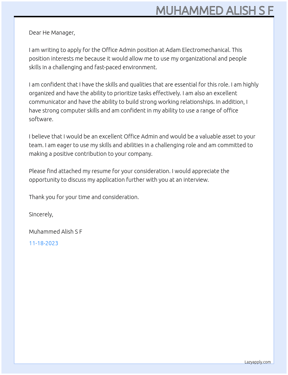 Office Admin  At Adam Electromechanical  Cover Letter