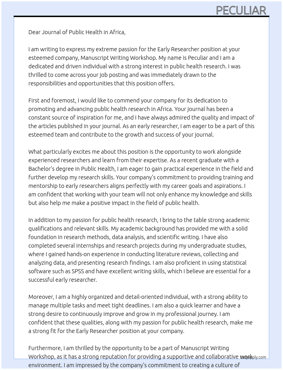 Early researcher At Manuscript writing workshop  Cover Letter