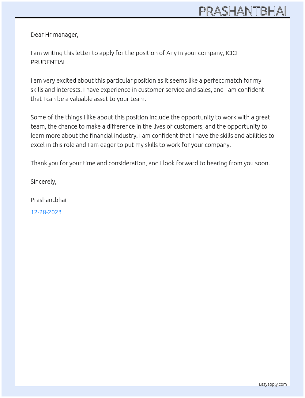 Any At ICICI PRUDENTIAL  Cover Letter