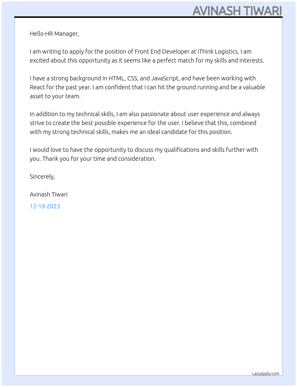Front End Developer At iThink Logistics Cover Letter