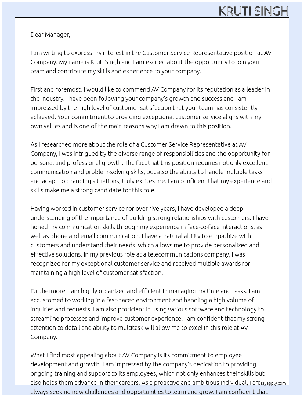 Customer Service Representative  At AV Company Cover Letter