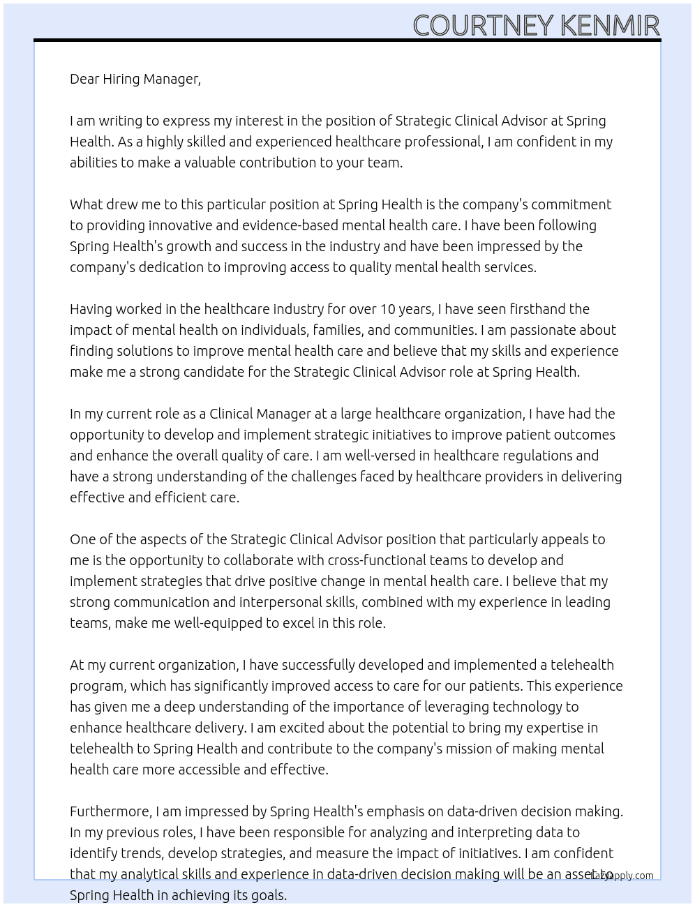Strategic Clinical Advisor At Spring Health Cover Letter