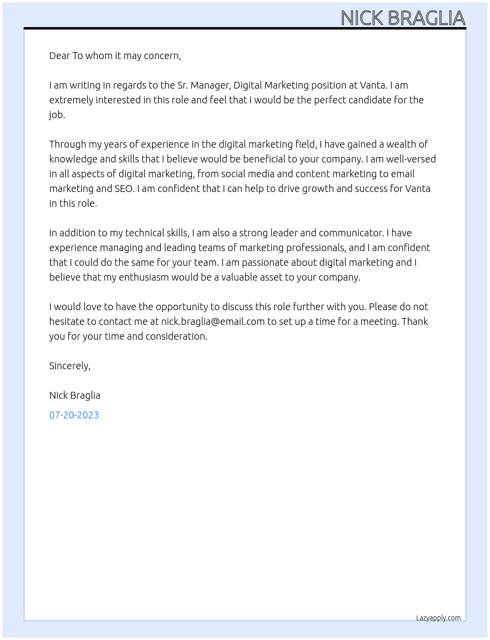 Sr. Manager, Digital Marketing At Vanta Cover Letter