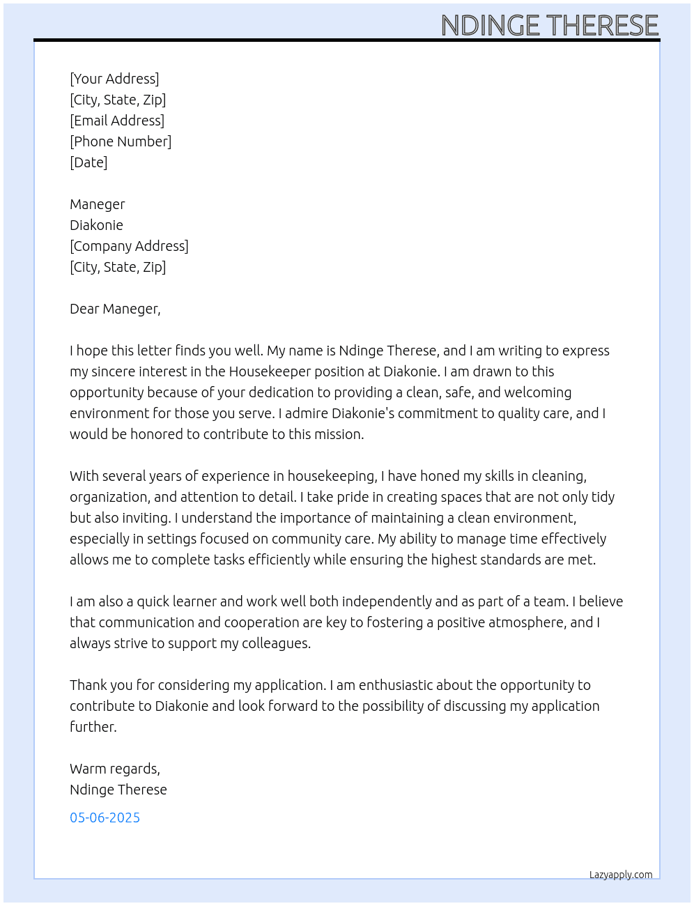 housekeeper At diakonie Cover Letter