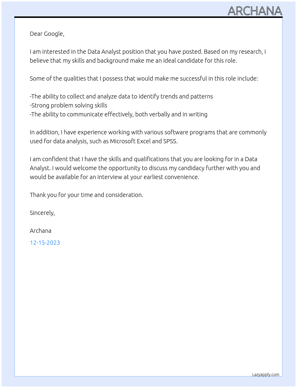 data anaylist At google Cover Letter